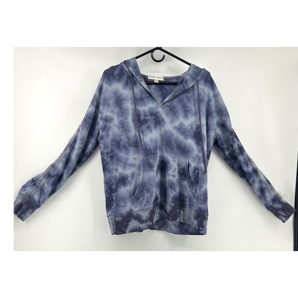 Knox Rose Womens Blue Tie Dye Lace Trim Hoodie Sweatshirt Large Cozy